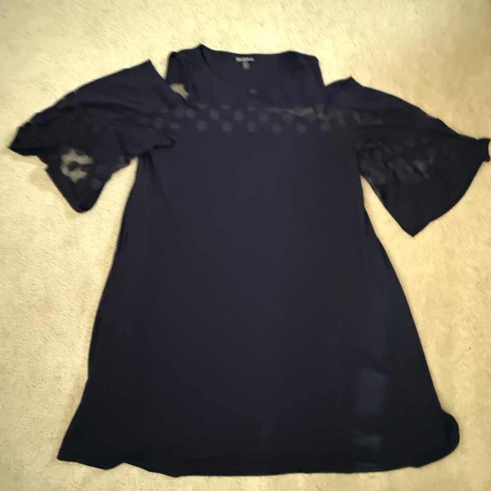 Navy blue Nina Leonard dress with open shoulders and sheer sleeves size large